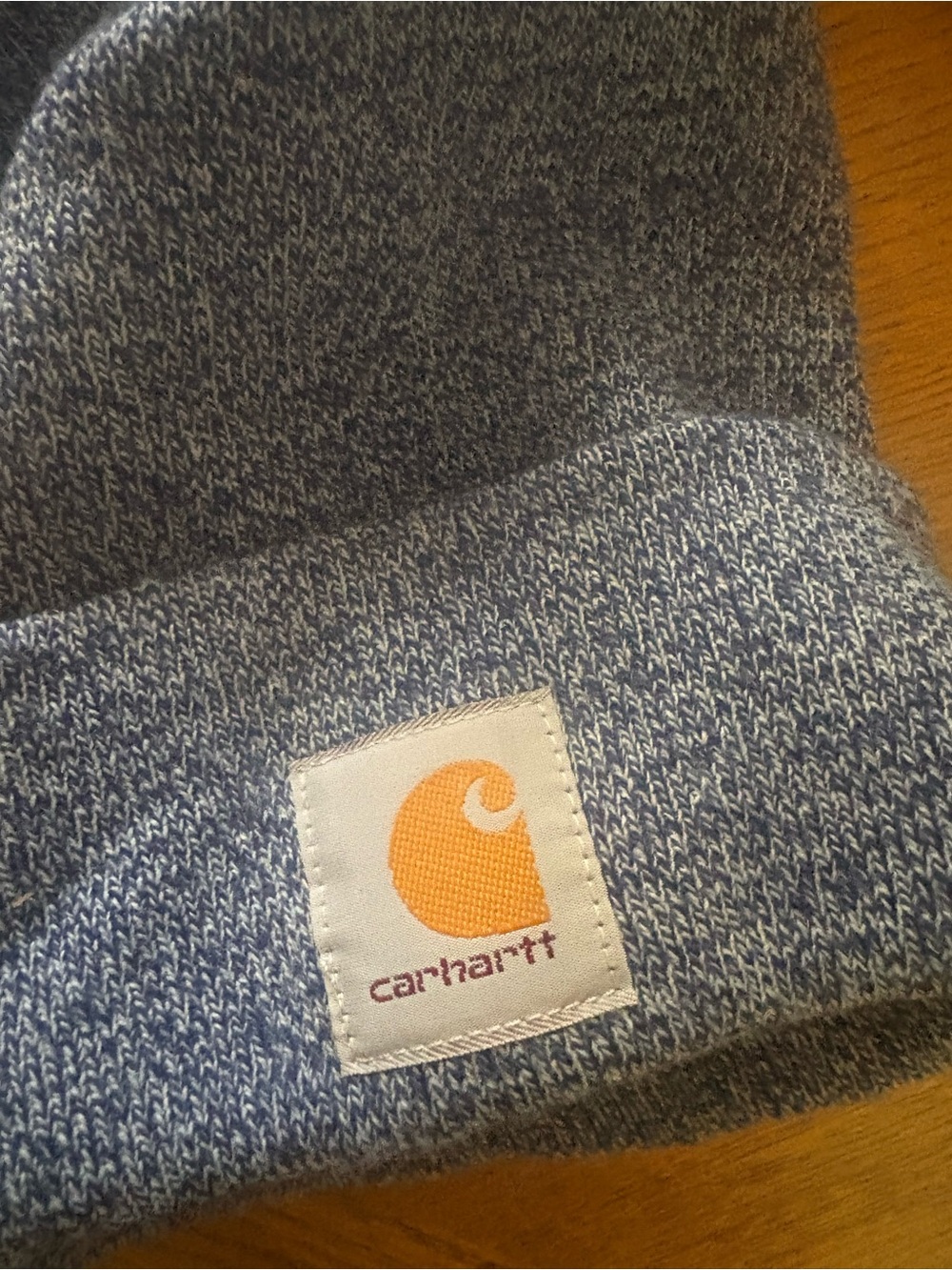 Carhartt Blue Heather Knit Cuffed Beanie with Orange Logo